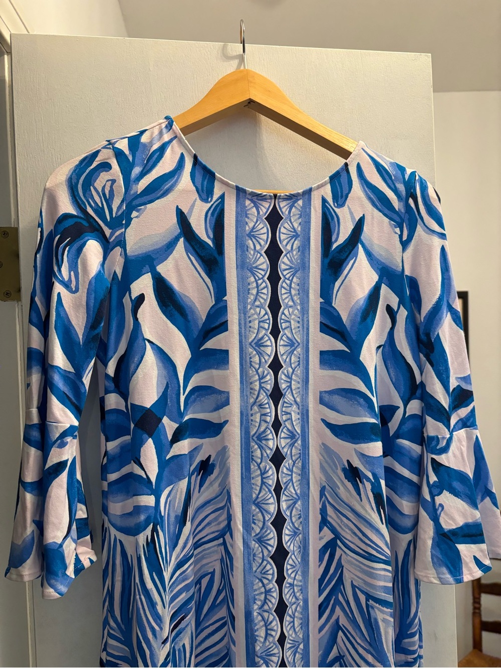Lilly Pulitzer Blue and White Botanical Dress with Flared Sleeves